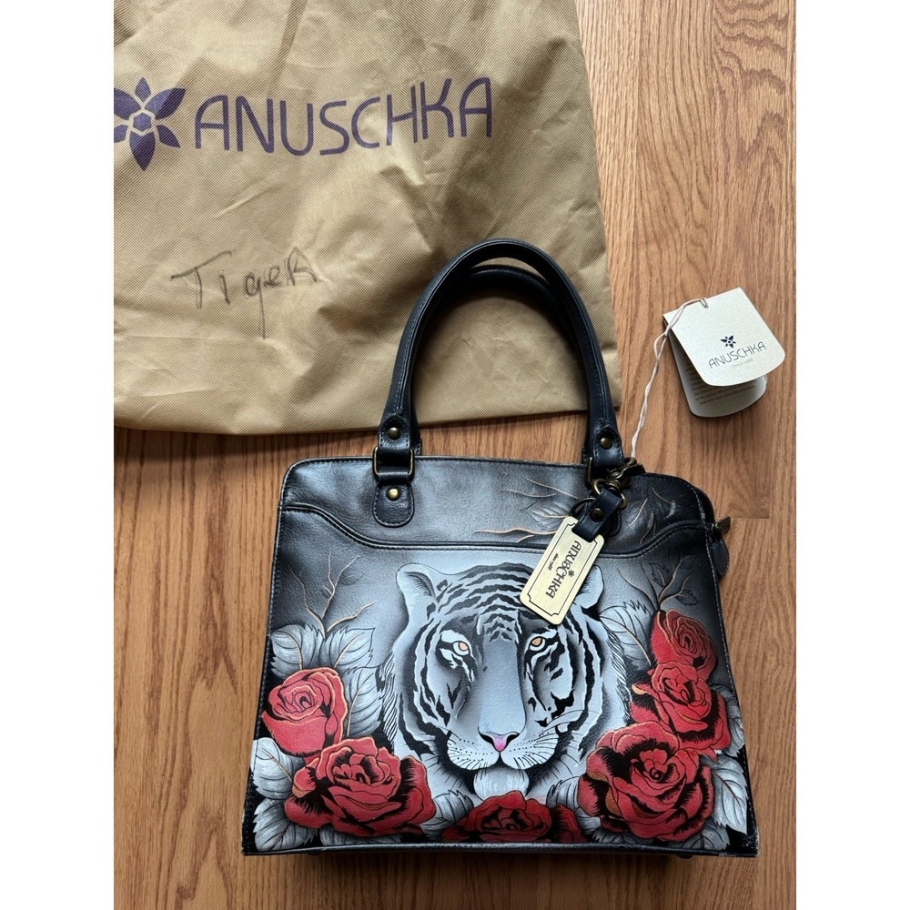 Anuschka Hand Painted Leather Satchel Tiger & Roses Grey Large Handbag #656‎